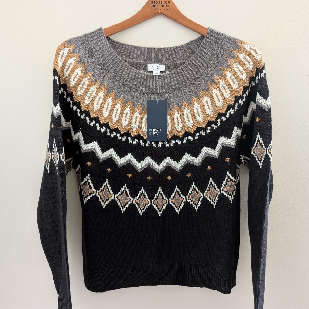 NWT CROWN & IVY Nordic Sweater Womens L Fair Isle Black Gold Iceland Scandinavia